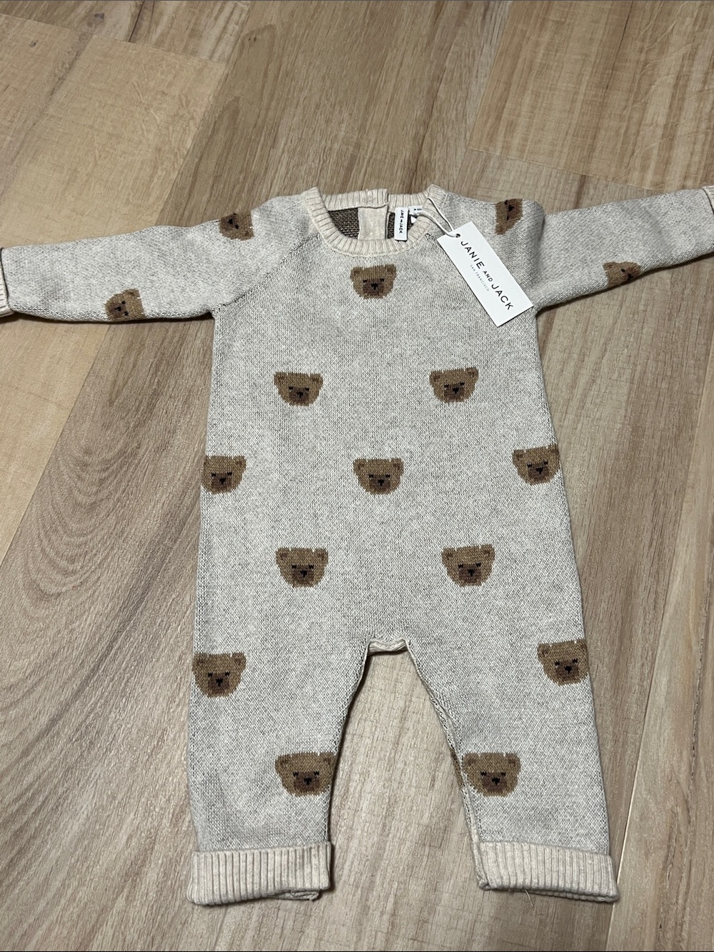 Janie and Jack Cream Knit Bear Pattern One-Piece 0-3 Months
